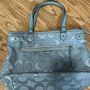 Grayish blue Coach tote bag with satin pink liner
